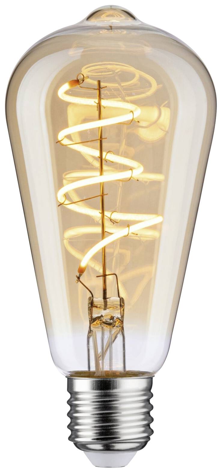 Een gloeilamp met zichtbare spiraalvormige draadstructuur straalt warmwit licht uit.