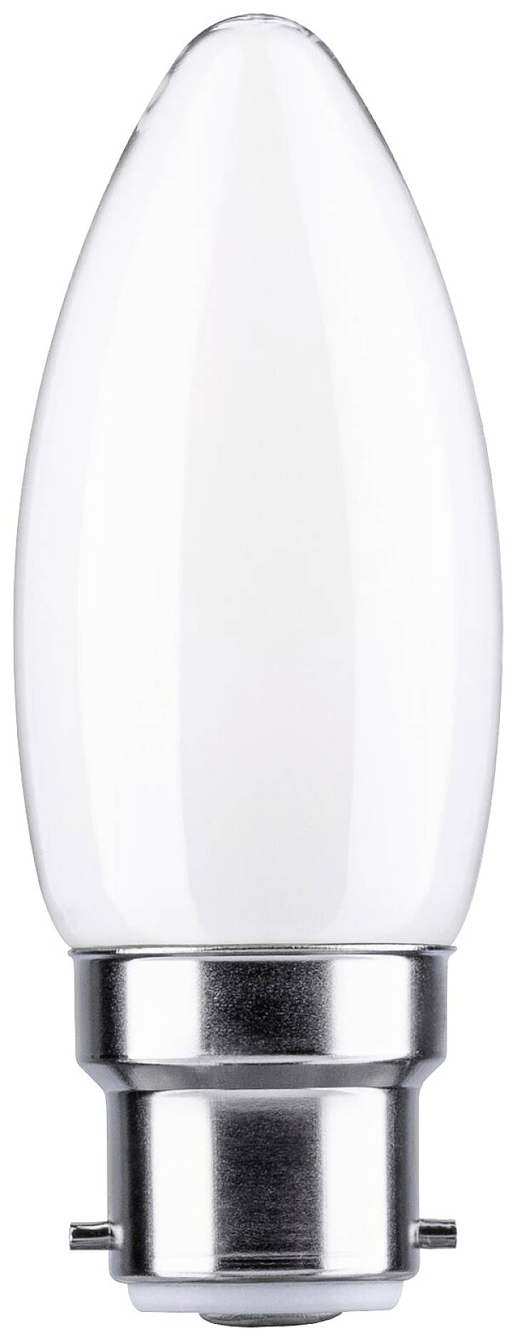 Een enkele, witte kaarsvormige LED-lamp met een zilveren voet.