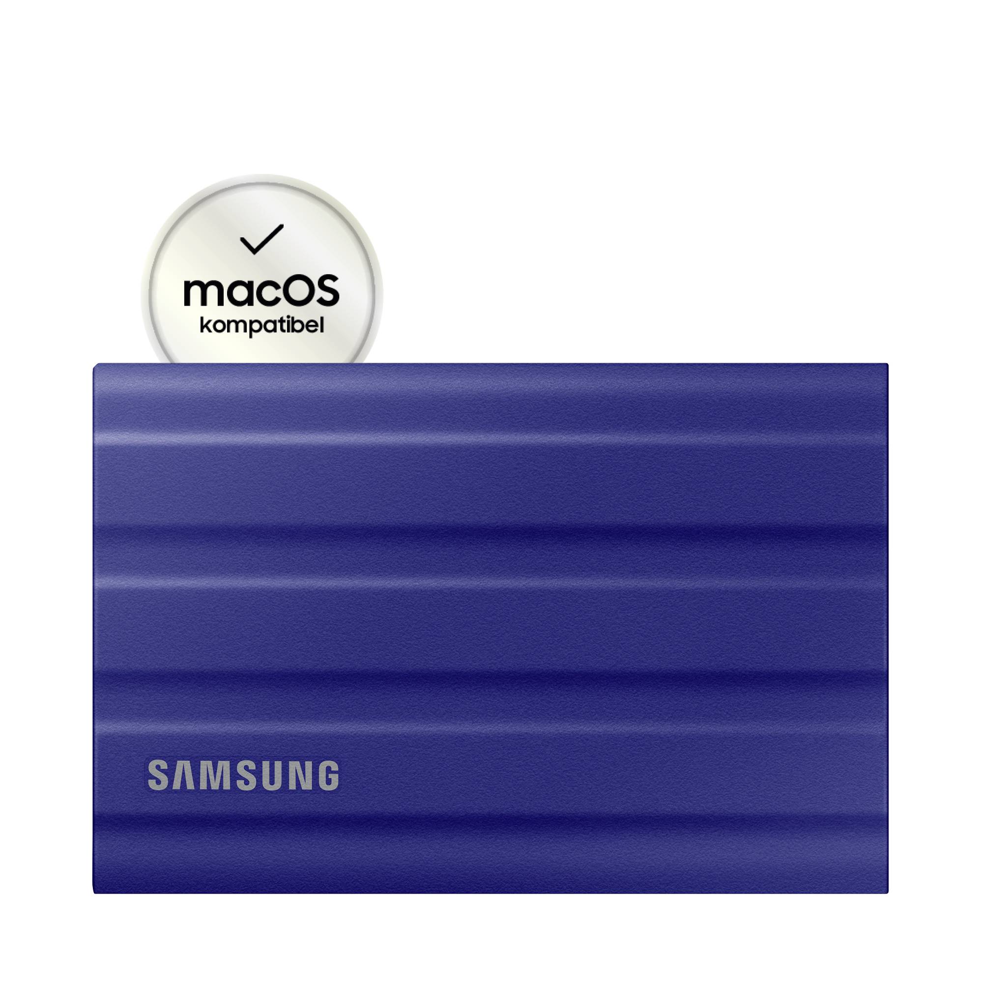 Externe Samsung-harde schijf in het blauw, compatibel met macOS, met een vinkje-symbool.