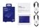 "Samsung Portable SSD T7 Shield, 2TB" met blauwe beschermhoes, handleiding en twee verbindings-/oplaadkabels. Voor snelle gegevensoverdracht.