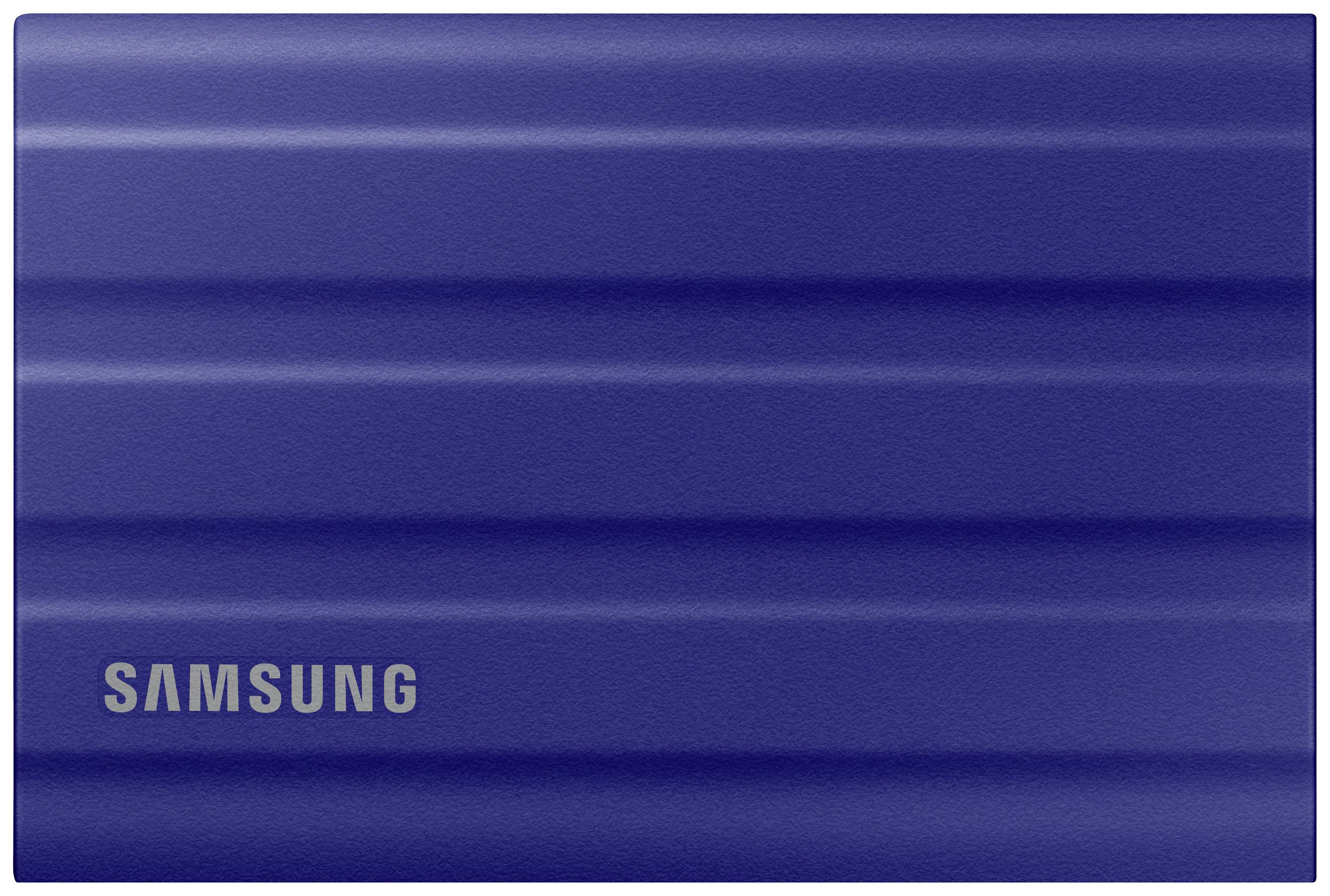 Externe SSD-harde schijf van Samsung in het blauw met een geribbeld ontwerp. Ideaal voor snelle en veilige gegevensoverdracht.