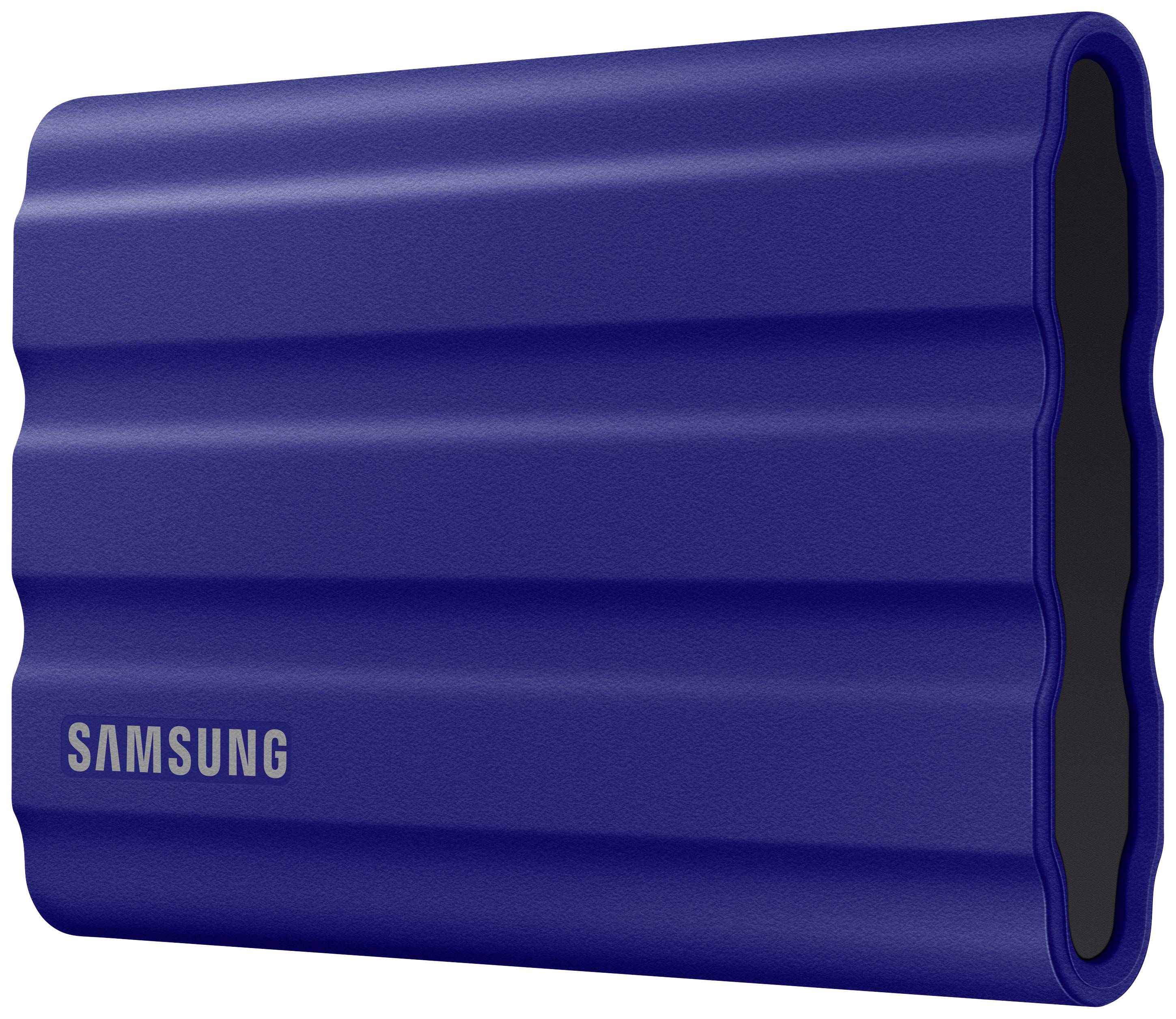 Een blauwe externe SSD-schijf met het 'Samsung'-logo op de voorkant. Hij heeft een slanke, geprofileerde vormgeving.