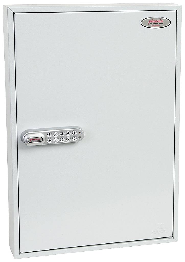 Eenvoudige witte kluis met elektronisch cijferslot aan de voorkant.