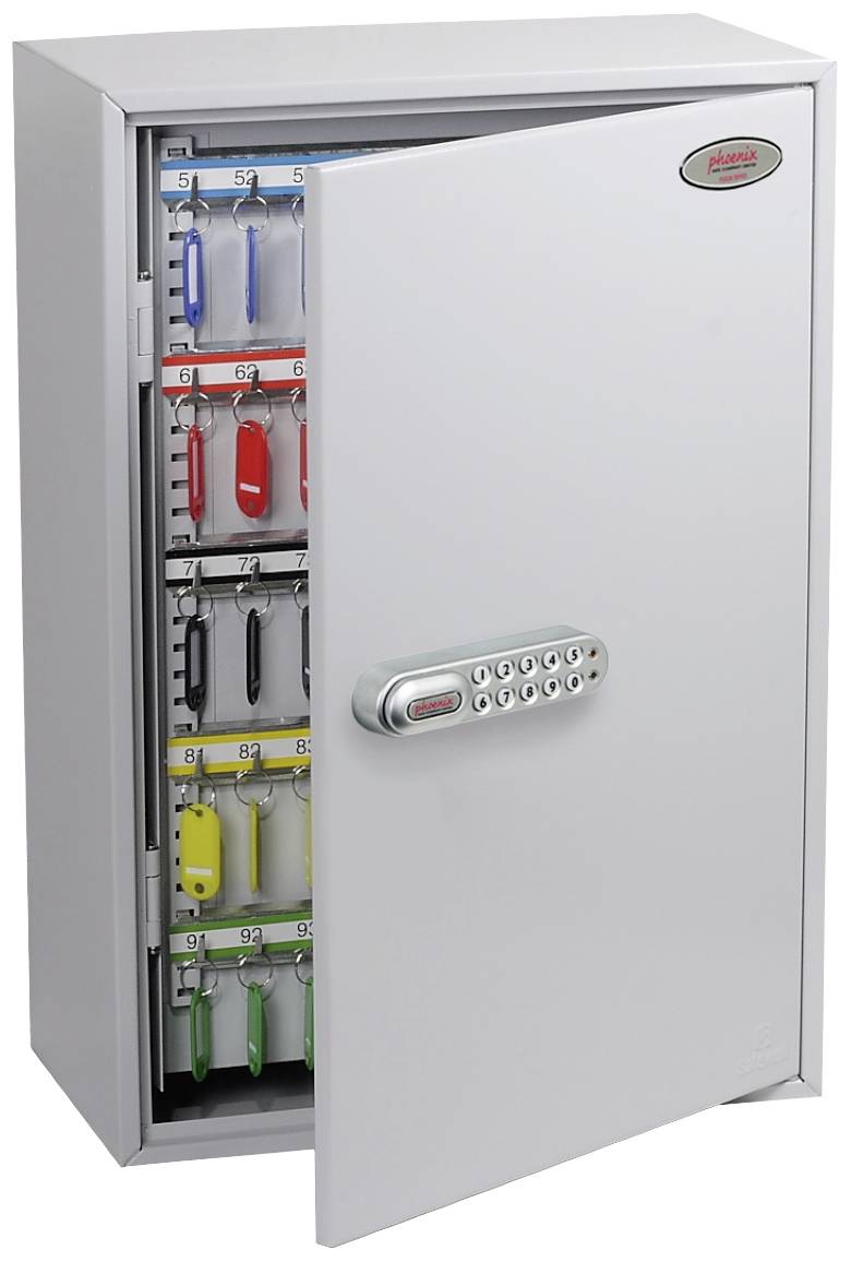 Een metalen kast met een openstaande deur, waarbij zich binnenin gekleurde sleutelkaarten aan haken bevinden, met een elektronisch codeslot aan de voorkant.