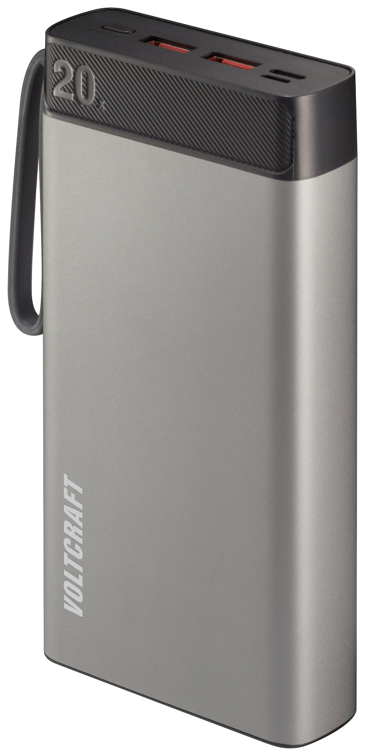 Een zilveren powerbank met de opschriften '20' en 'VOLTCRAFT'. Hij heeft meerdere aansluitingen en een zwarte riem aan de zijkant.