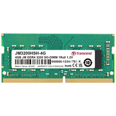 RAM-module met opschrift 'JM3200HSH-4G, 4GB JM DDR4 3200 SO-DIMM 1Rx8 1.2V'. Fabrikant: Transcend. RoHS-conform.