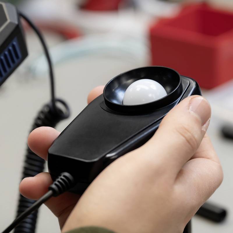 Hand die een luxmeter vasthoudt, een apparaat voor het meten van helderheid. Op de achtergrond een onscherpe laboratoriumomgeving.