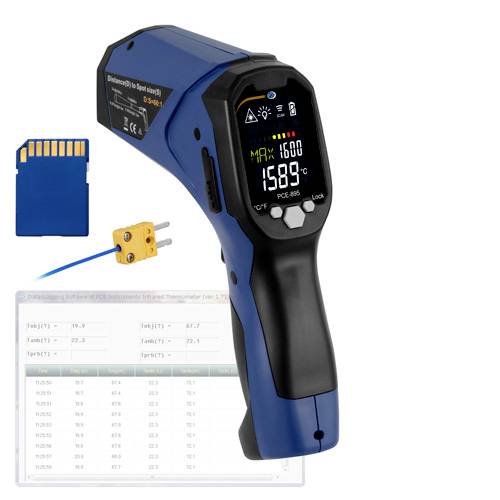 Handmeettoestel PCE-895 voor infraroodtemperatuurmeting met digitaal display. Toont maximale temperatuur van 159°C. SD-kaart en temperatuursensor op de afbeelding.