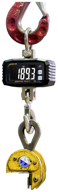 Een digitale kraanweeghaak toont het gewicht '189,3' aan. De haak is verbonden met een gele klem en een rode ring.