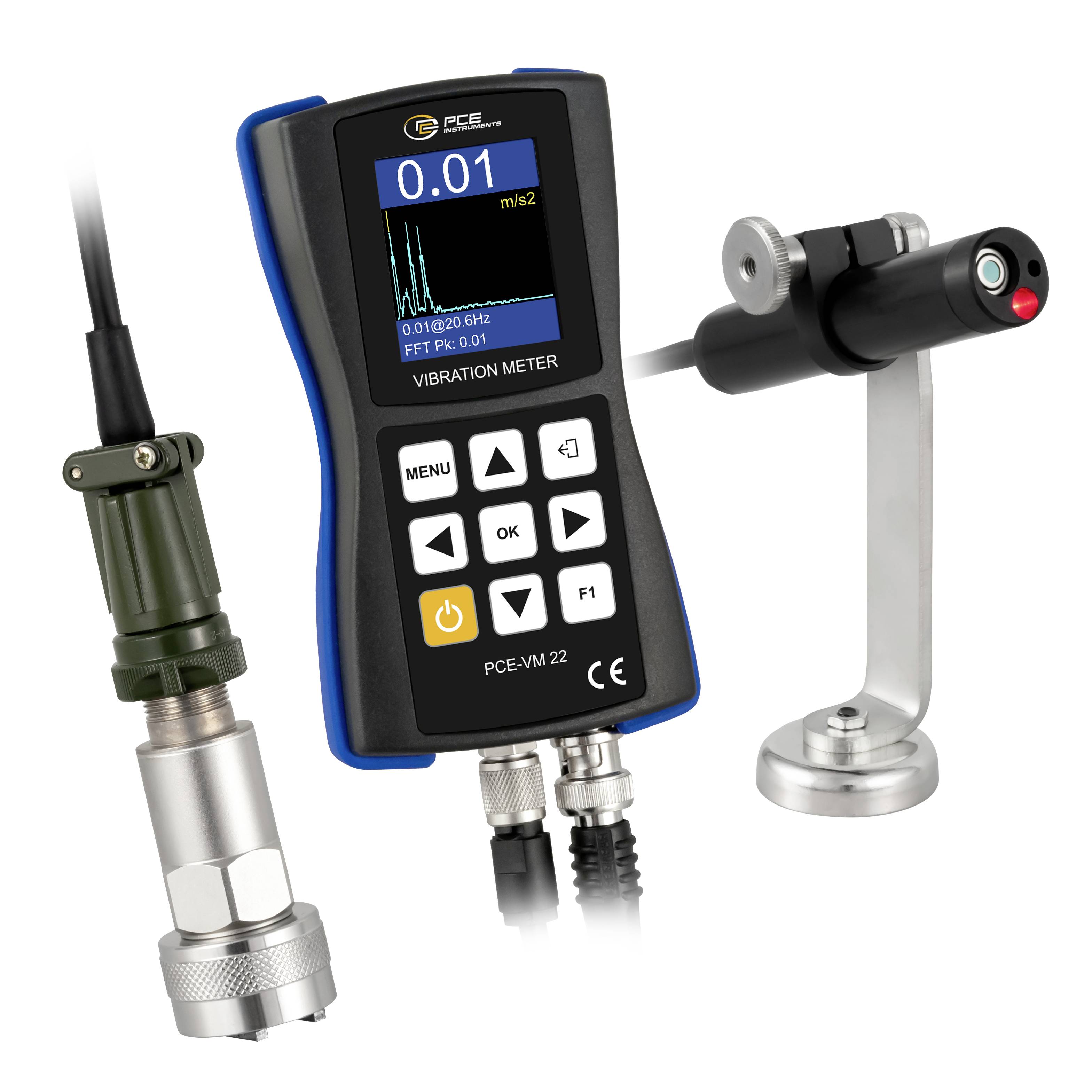 Handheld trillingsmeter die 0,01 m/s² weergeeft, afgebeeld met aangebrachte sensorsonden en bevestigingsaccessoires op een witte achtergrond.