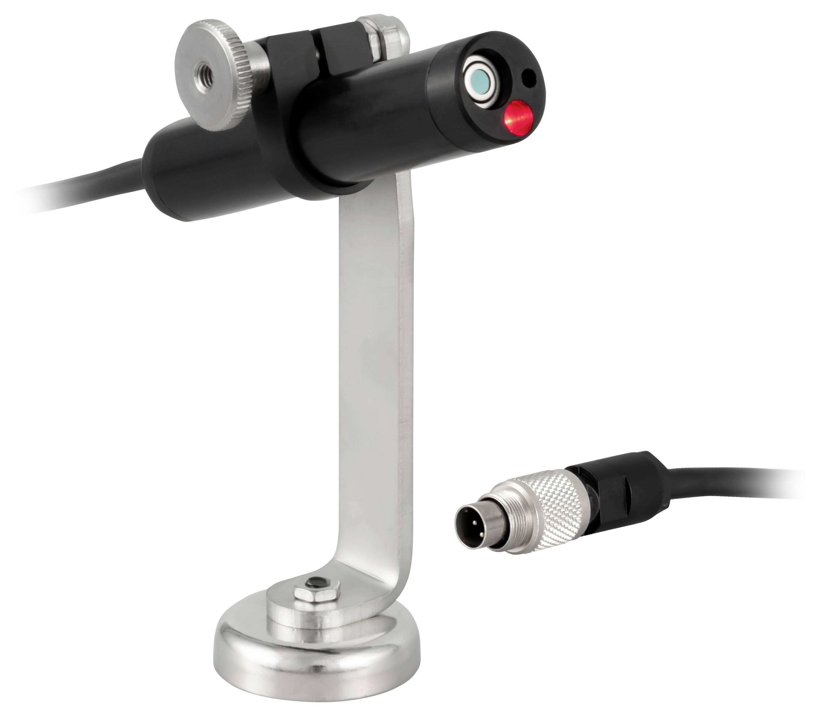 Industriële sensor gemonteerd op een metalen standaard, met een kabel en verlichte rode en groene indicatielampjes op het zwarte cilindrische apparaat.
