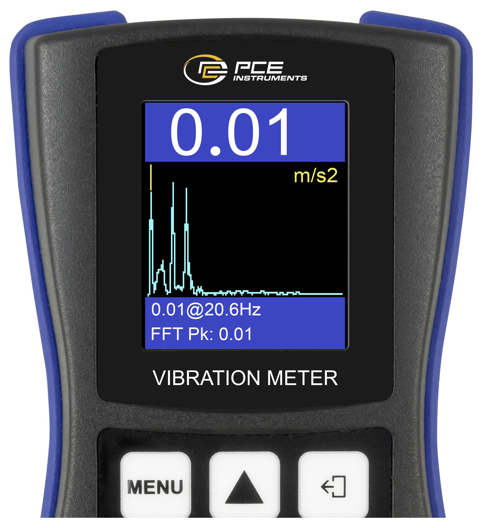 Handheld PCE Instrumenten trillingmeter met 0.01 m/s² weergave met FFT-grafiek en piekwaarde 0.01.