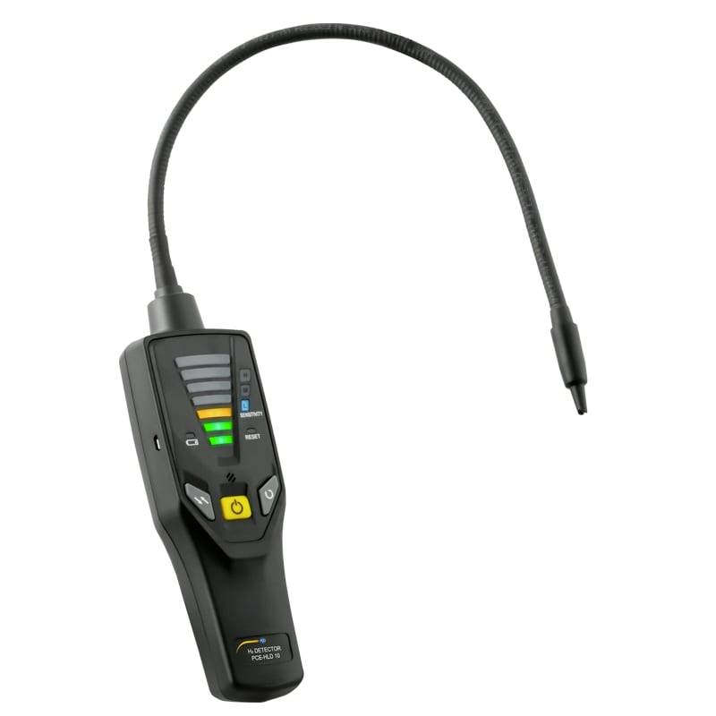 Handheld gaslekdetector met flexibele sonde, LED-niveauindicatoren en gele aan/uit-knop op een witte achtergrond.
