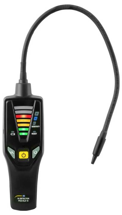 Draagbare gasdetector met flexibele sonde, kleurgecodeerde niveauindicatoren, en aan/uit- en bedieningsknoppen aan de voorkant.