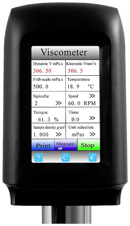 Een viscosimeter-display toont: 'Dynamisch V mPa.s: 306.50', 'Kinematisch V mm²/s: 306.5', Temperatuur: 18,9°C, Spindel: 2.