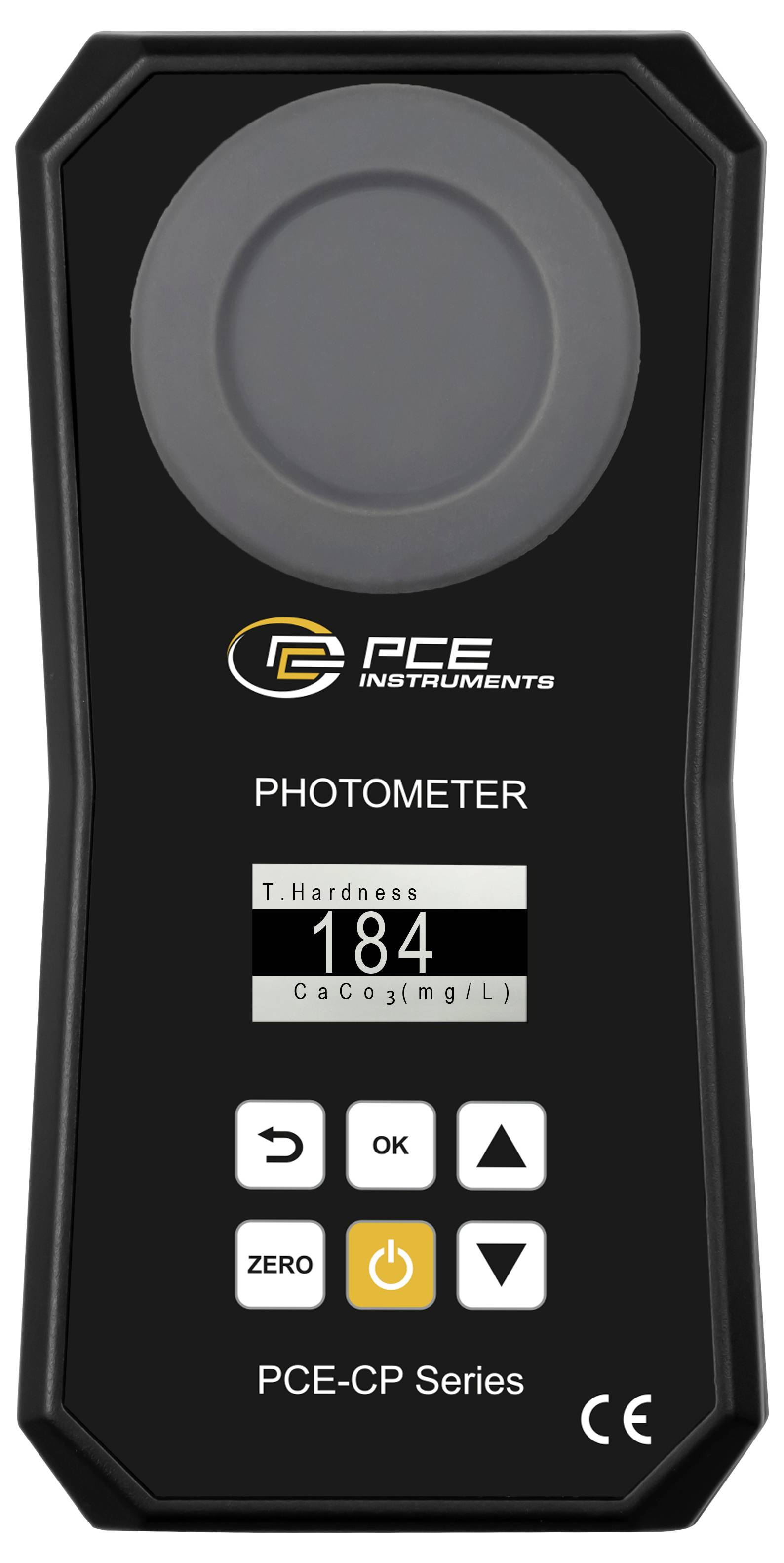 Handheld PCE Instrument fotometer met een hardheidslezing van 184 CaCO3(mg/L) op het display.
