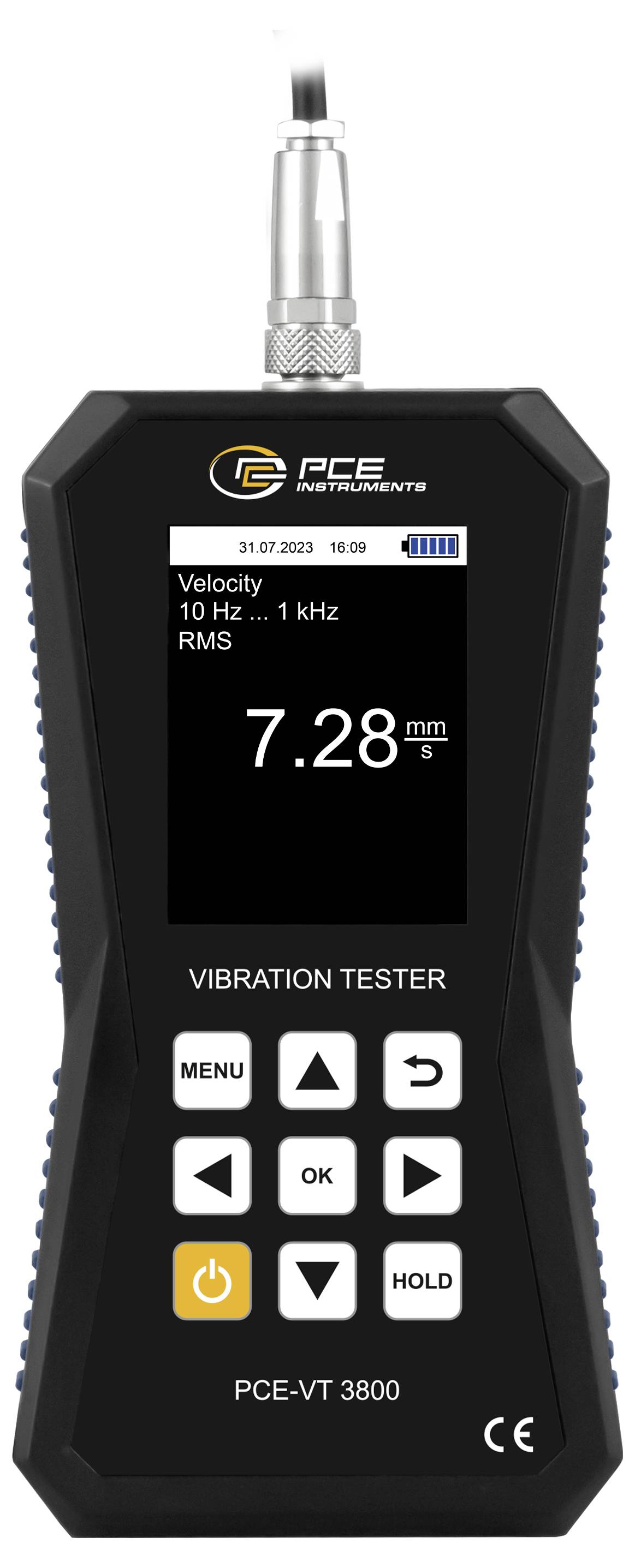 Draagbare PCE VT 3800 trillingmeter die 'Velocity 10 Hz ... 1 kHz RMS' weergeeft met een waarde van 7,28 mm/s.