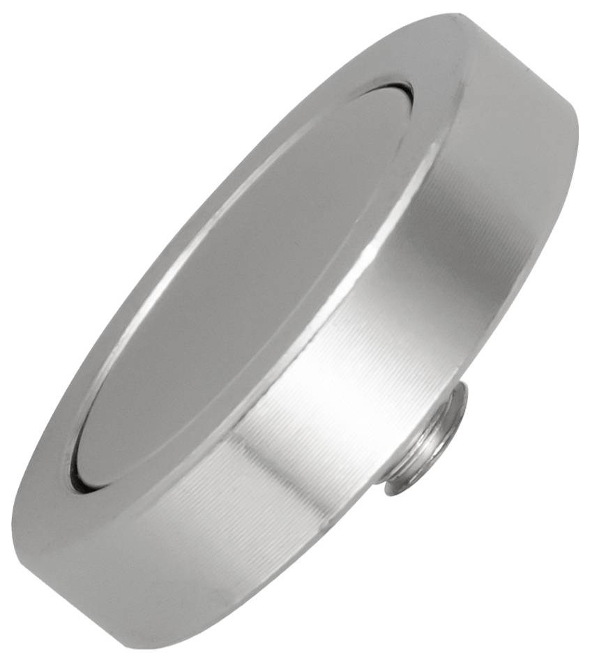 Zilveren metalen dop of deksel met schroefdraad weergegeven onder een hoek op een witte achtergrond.