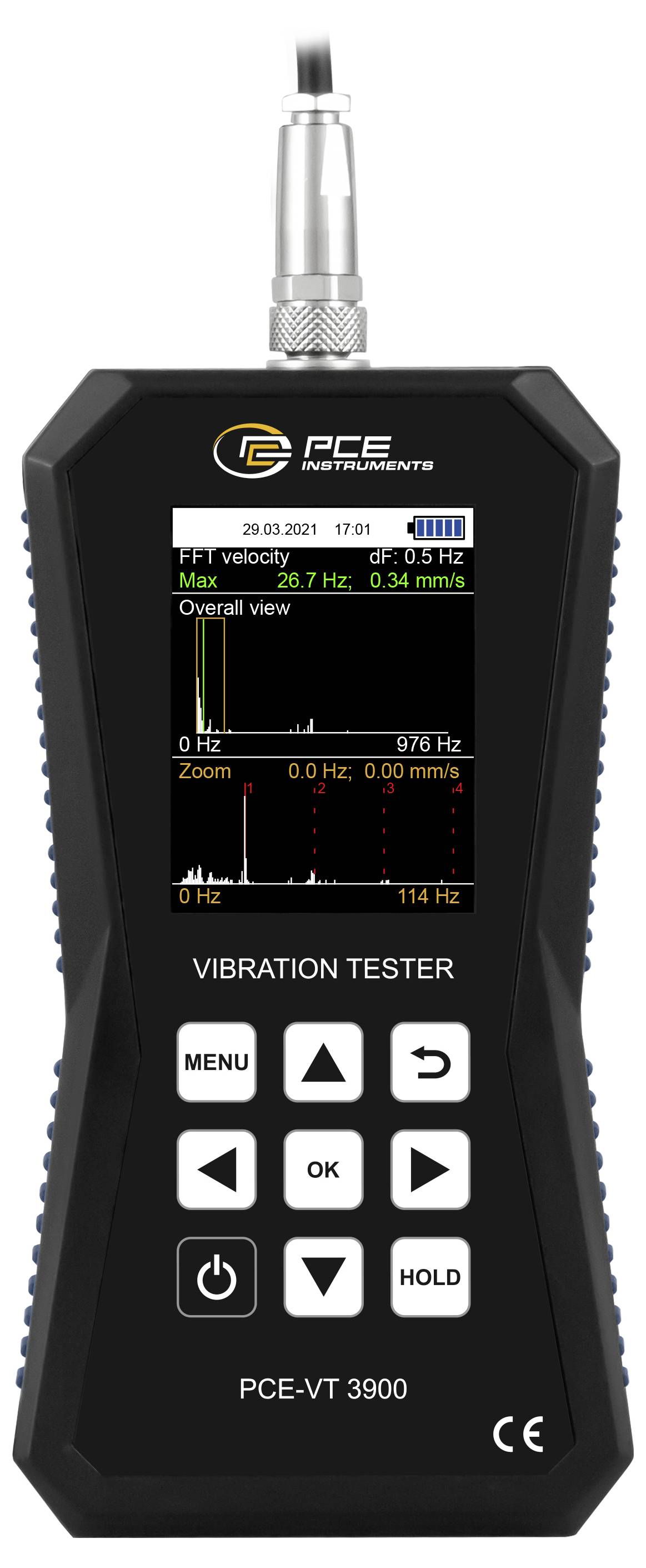 Handheld PCE trillingmeter met scherm dat FFT-snelheid en algemene trillingsuitlezingen toont, plus navigatieknoppen en model PCE-VT 3900.
