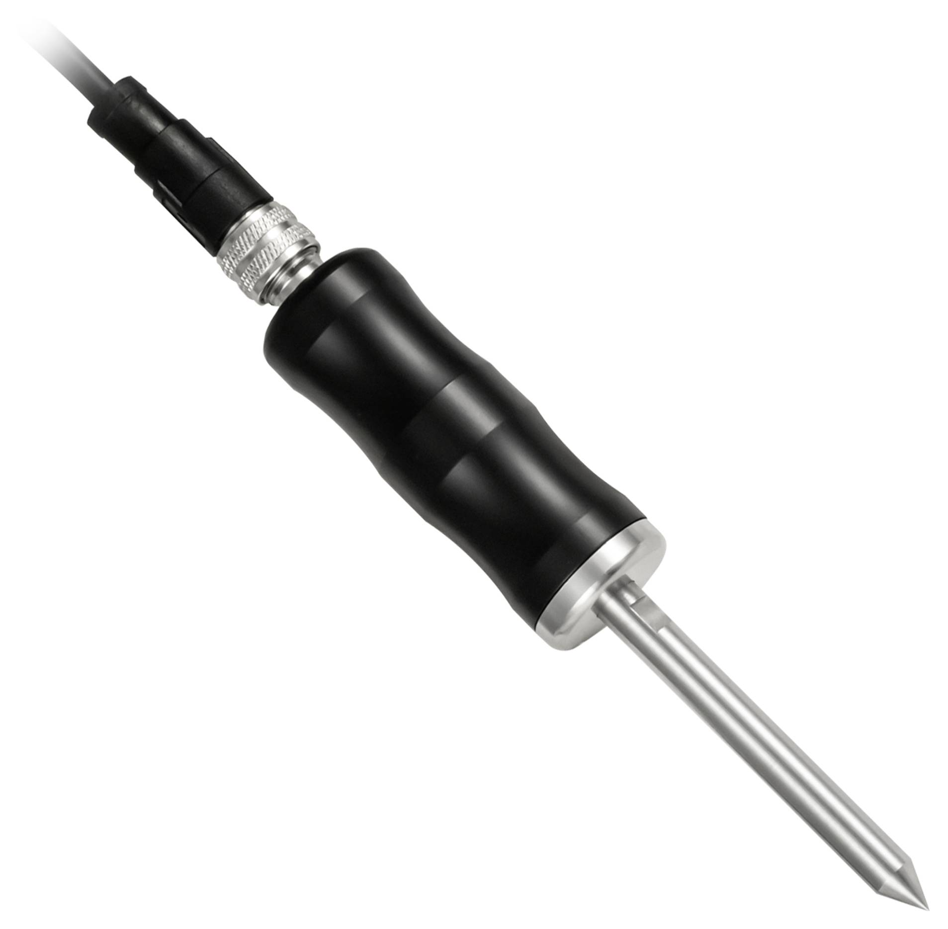 Zwart draagbaar electrode of probe met kabel en scherpe metalen punt, getoond op een witte achtergrond.