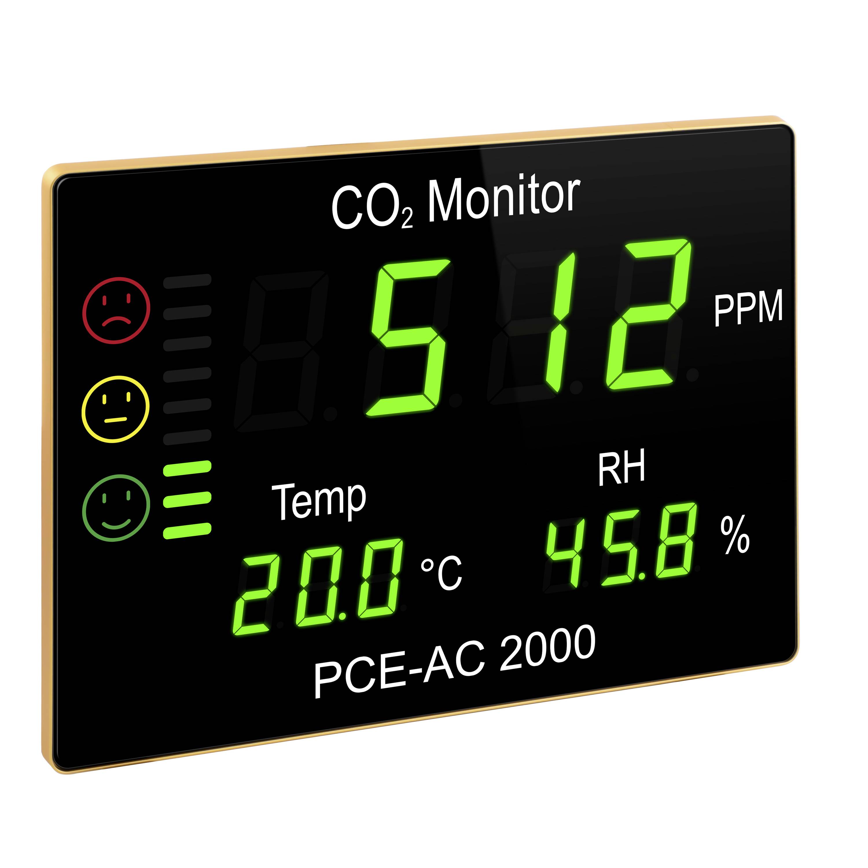 Digitaal CO2-monitor scherm met weergave van 512 ppm, 20,0°C temperatuur en 45,8% luchtvochtigheid met statuspictogrammen aan de linkerkant.