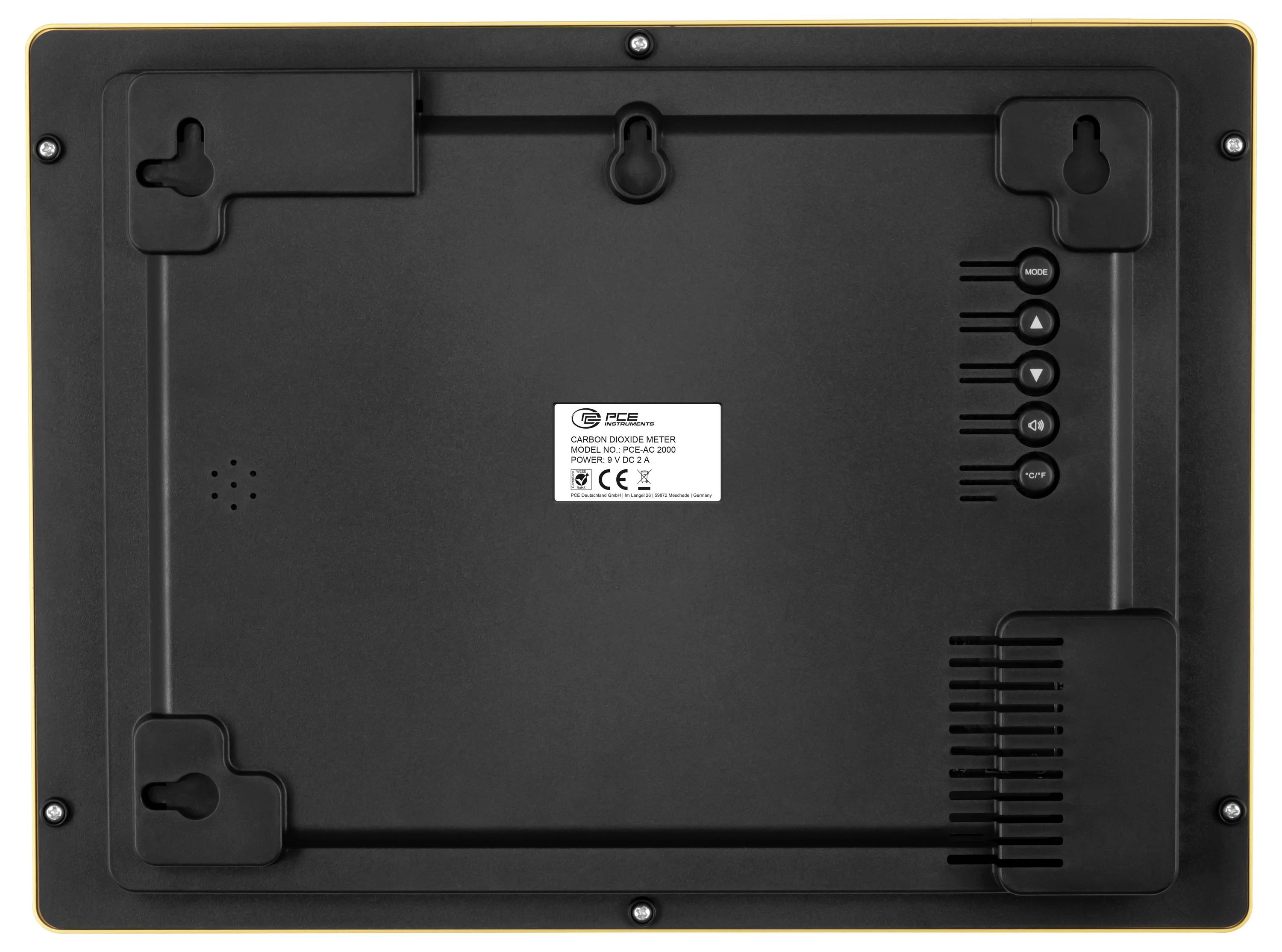 Achteraanzicht van een zwart digitaal fotolijstje of display met wandmontagesleufjes, bedieningsknoppen aan de rechterkant en een centraal productlabel.