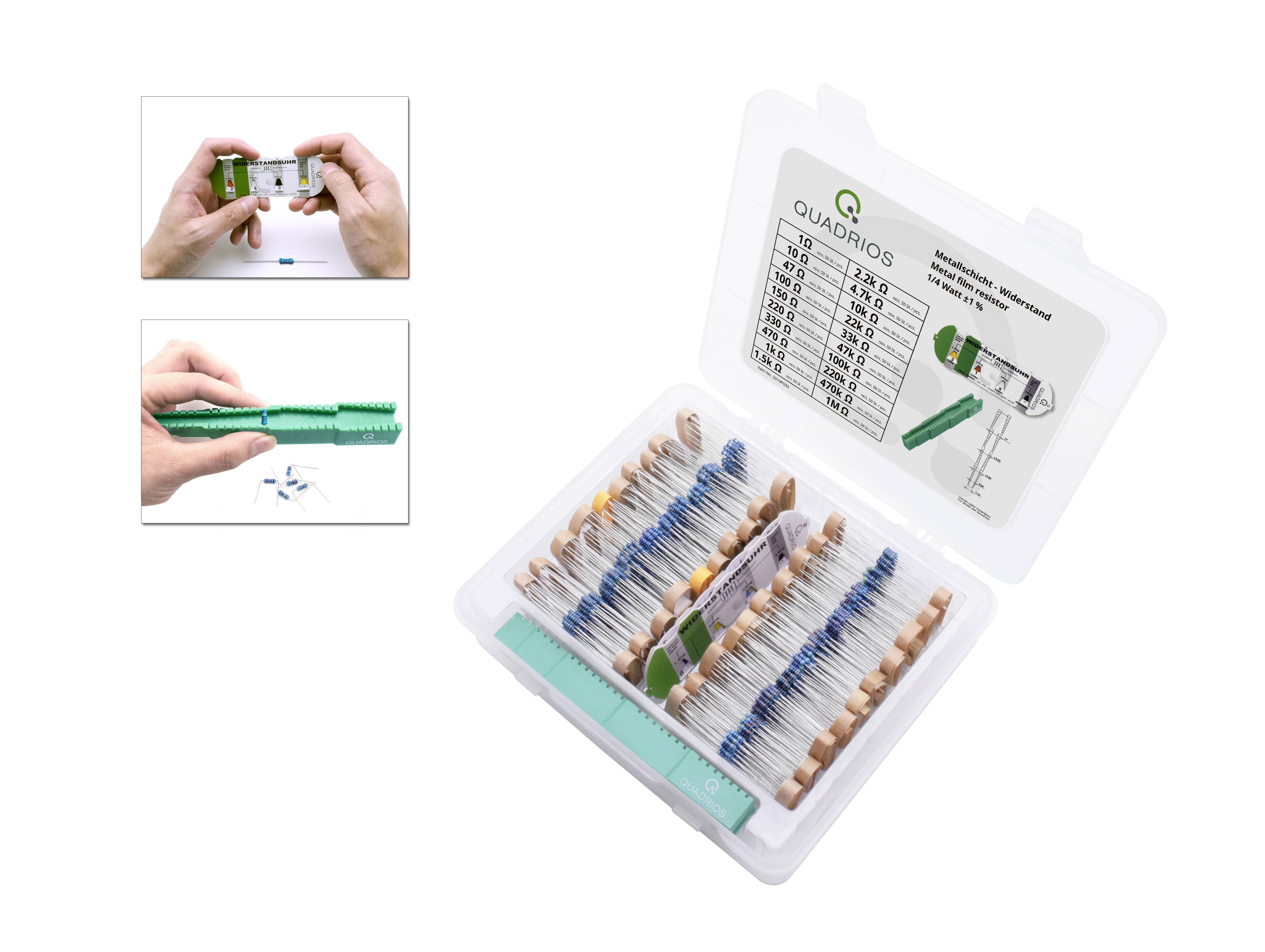 Geopende plastic doos met verschillende pluggen en een etiket. Toont gebruiksaanwijzing in twee kleine afbeeldingen ernaast.