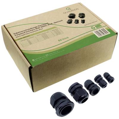 Kartonnen doos met opschrift 'Kabelwartel assortiment', bevat zwarte kabelwartels in verschillende maten.