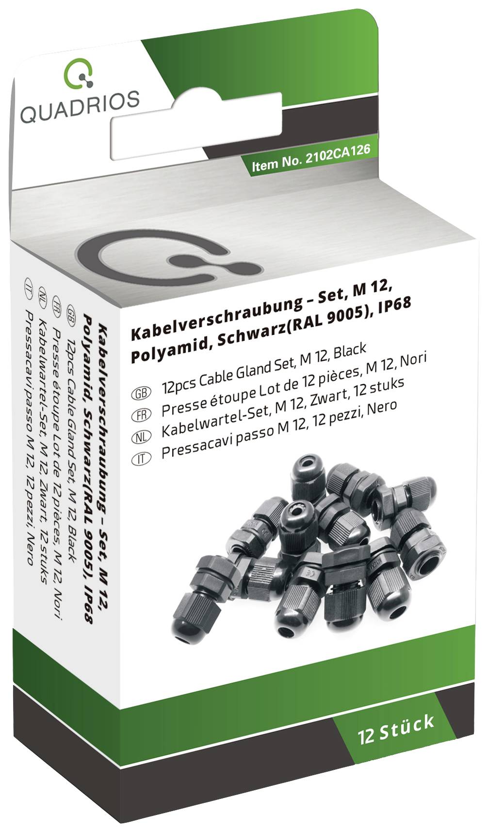 'Quadrios Kabelwartel-set M12, 12 stuks, Zwart, IP68.' Verpakking toont kabelwartels in het zwart.
