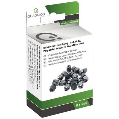 'Quadrios Kabelwartel-set M12, 12 stuks, Zwart, IP68.' Verpakking toont kabelwartels in het zwart.