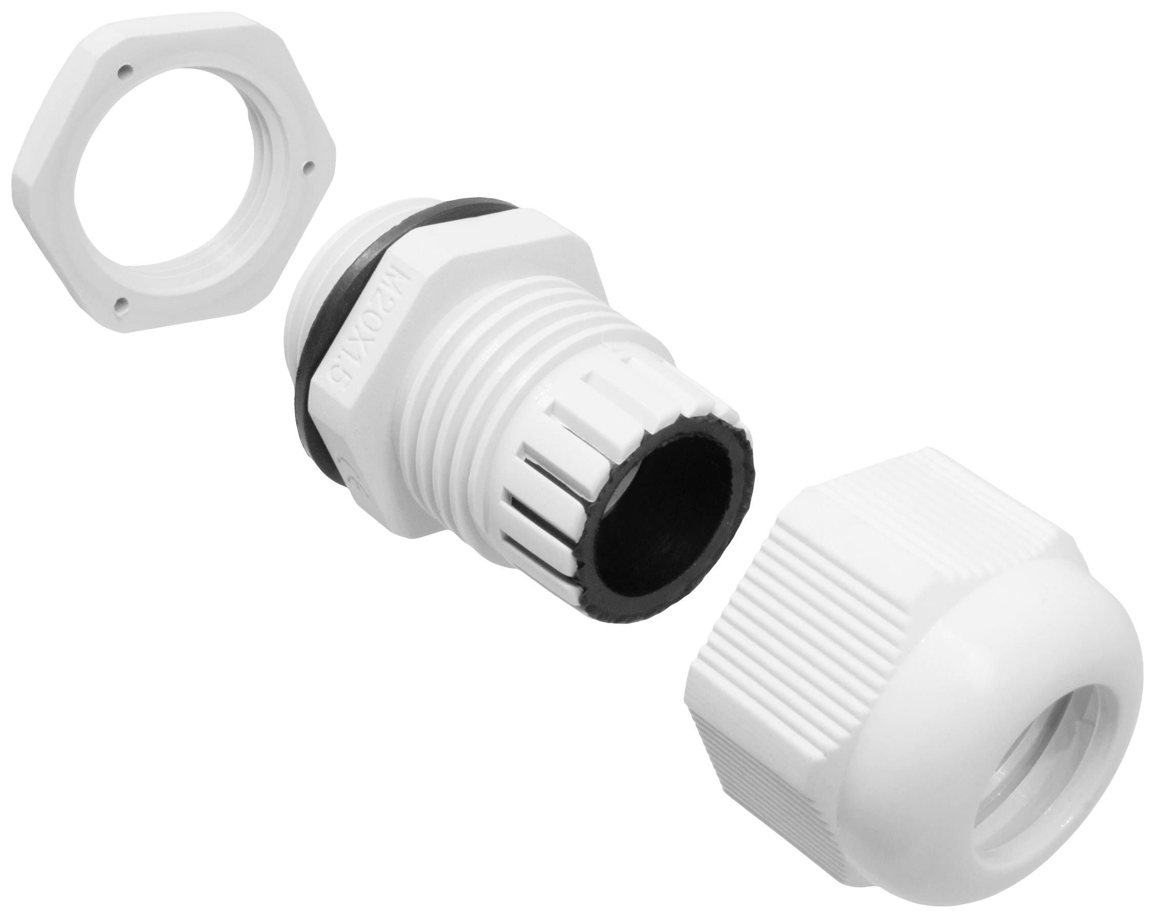 Een witte kabeldoorvoer is onderverdeeld in drie onderdelen: een moer, een hoofddraad met afdichtingsring en een buitenste kap.
