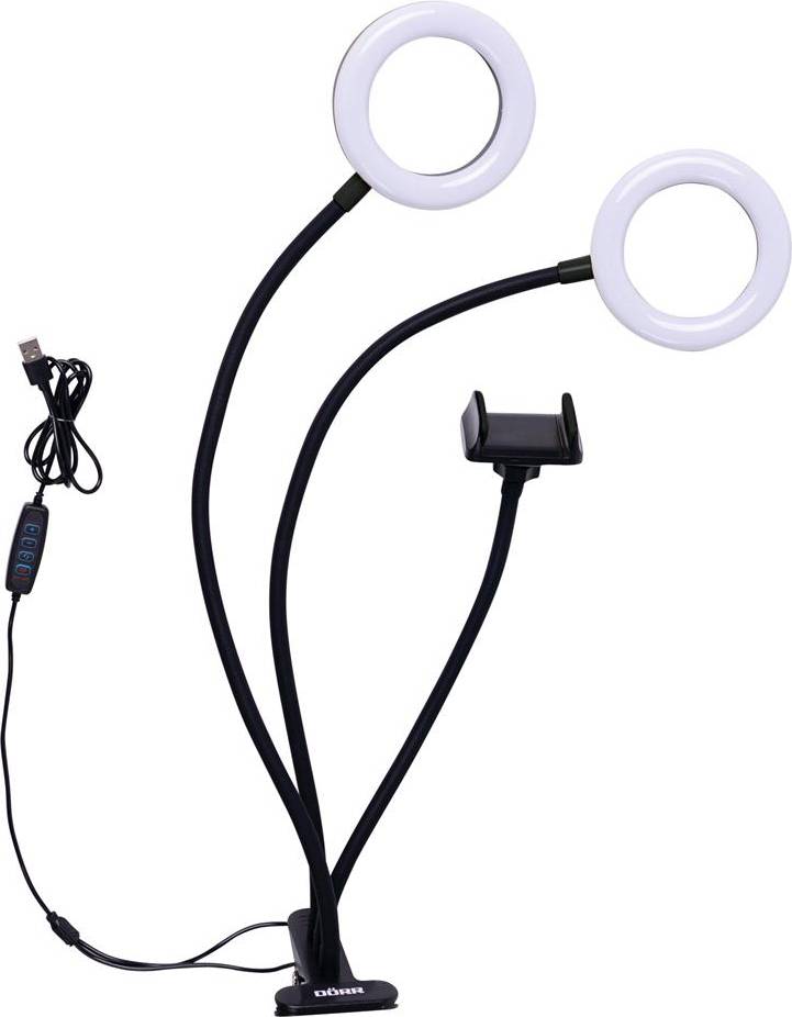 Twee ringlichten met flexibele hals, een smartphonehouder in het midden en een USB-aansluiting met besturing.