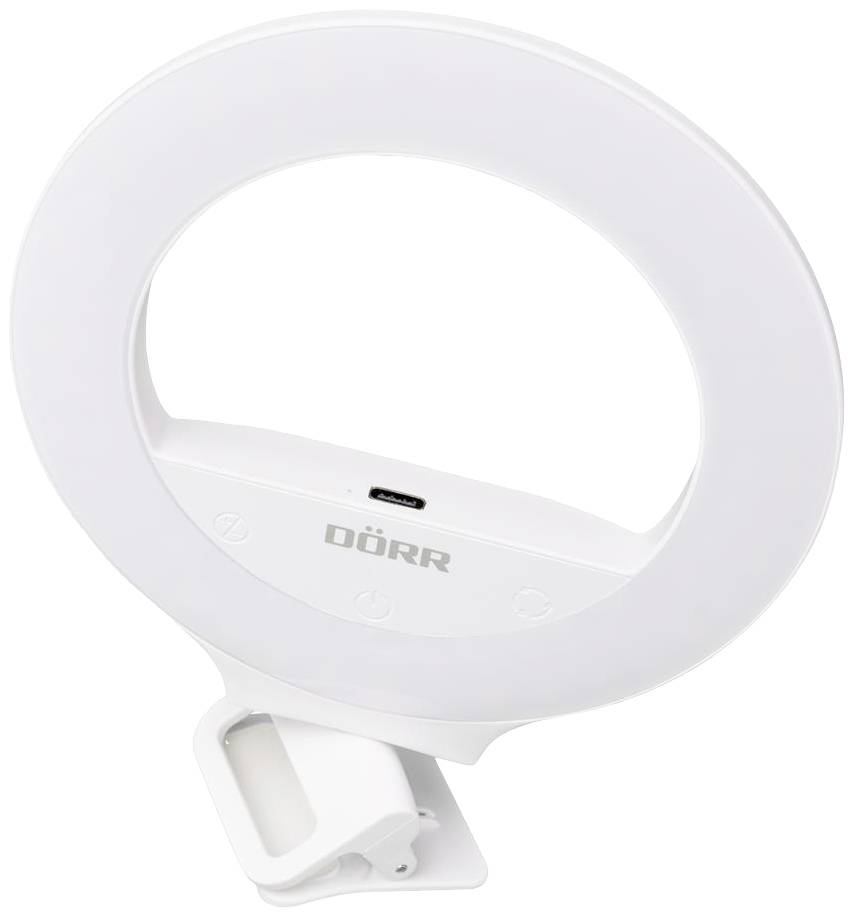 Een ronde, witte LED-ringlamp met USB-aansluiting, geschikt voor verlichting bij fotografie of videoproducties.