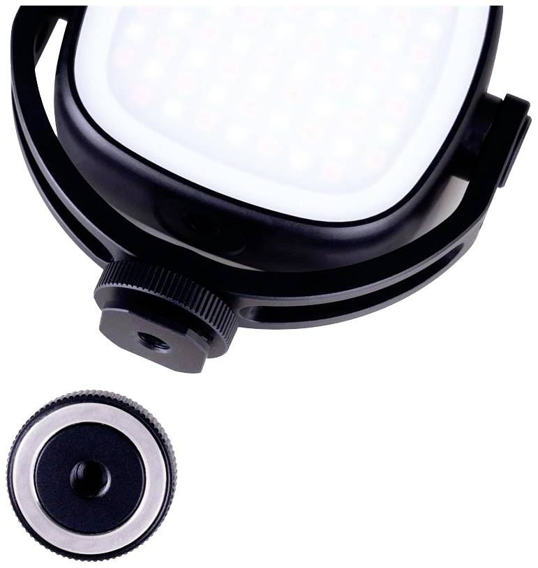 Een LED-lamp met verstelbare bevestiging, daaronder een apart montageonderdeel met schroeven. De lamp heeft een vierkant design.