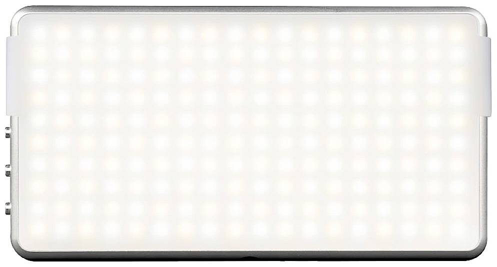 Draagbare LED-lamp met veel kleine lichtjes aan de voorkant, gebruikt voor verlichting bij foto- en video-opnames.