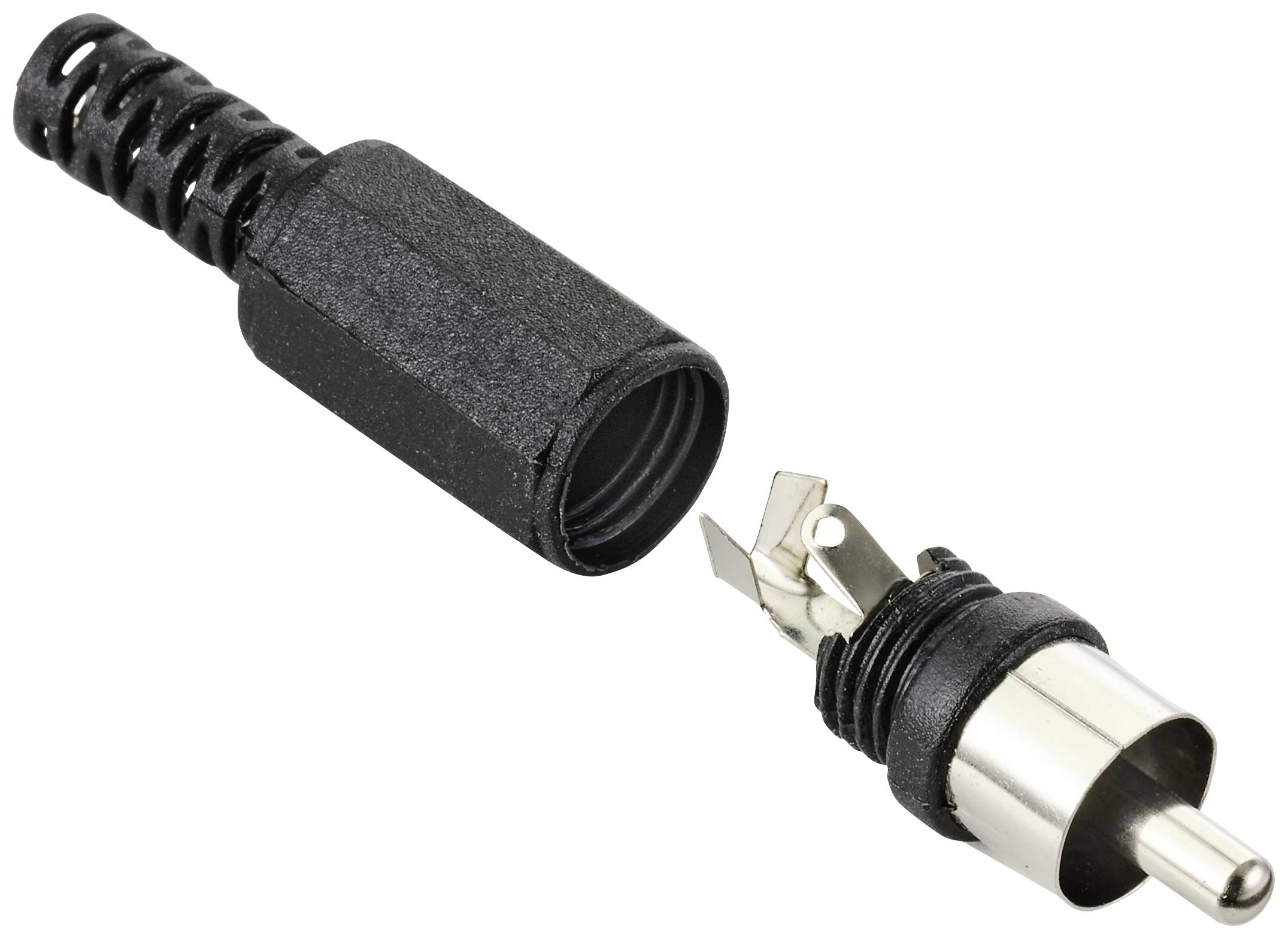 Een uit elkaar gehaalde RCA-stekker met een zwart behuizing en een zilverkleurig contactdeel, geschikt voor audio- en videoverbindingen.