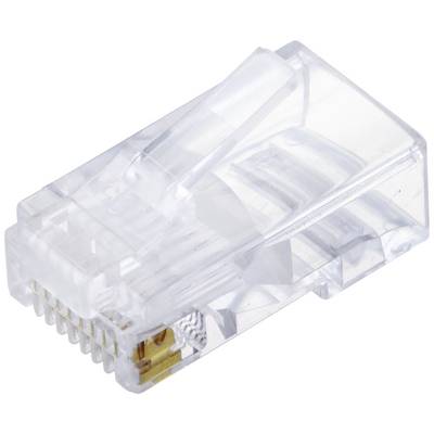 Een transparante RJ45-stekker die doorgaans wordt gebruikt voor Ethernet-kabels in netwerkverbindingen.