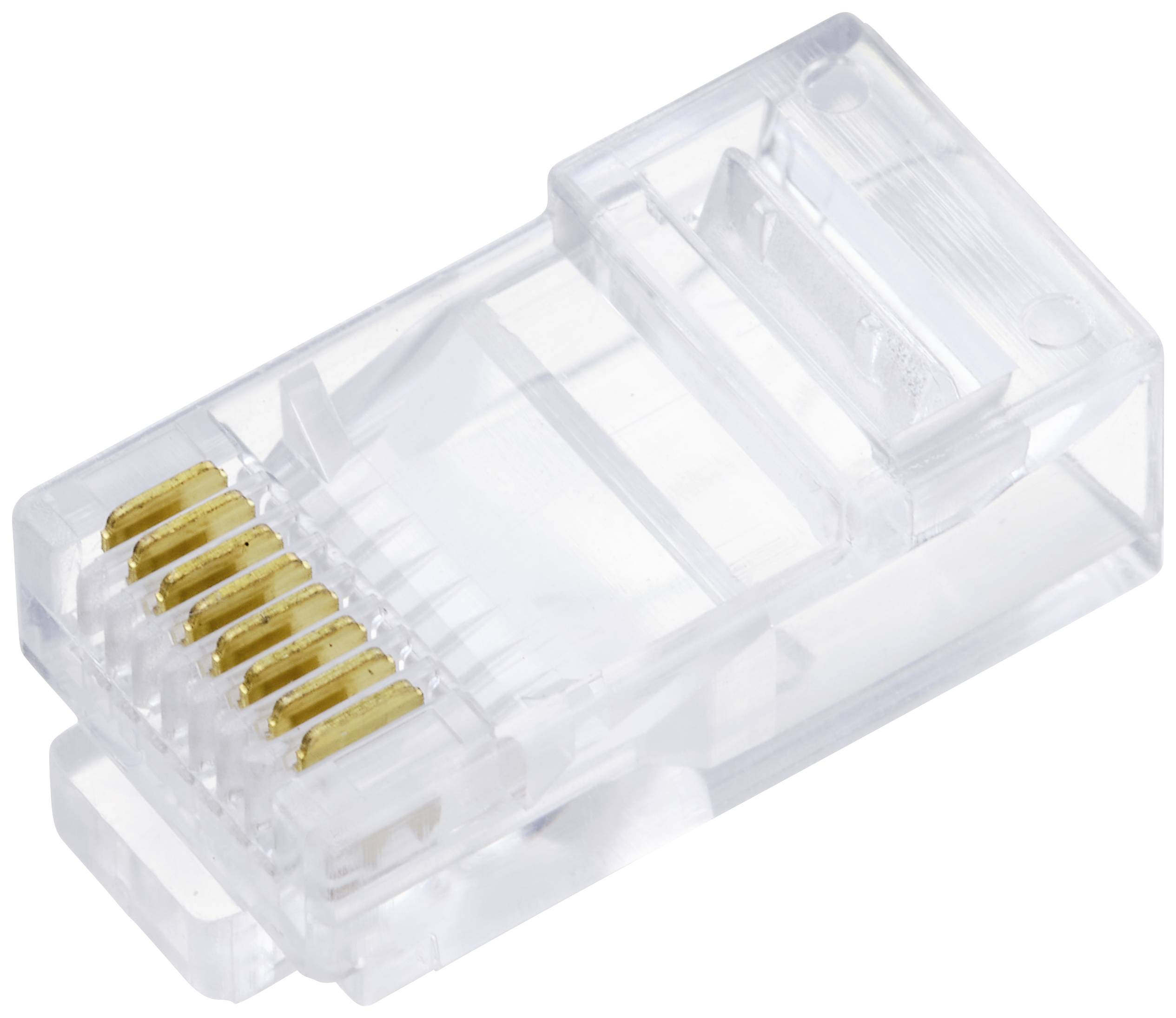 Een transparante RJ45-stekker met acht gouden contactpunten voor netwerkverbindingen.