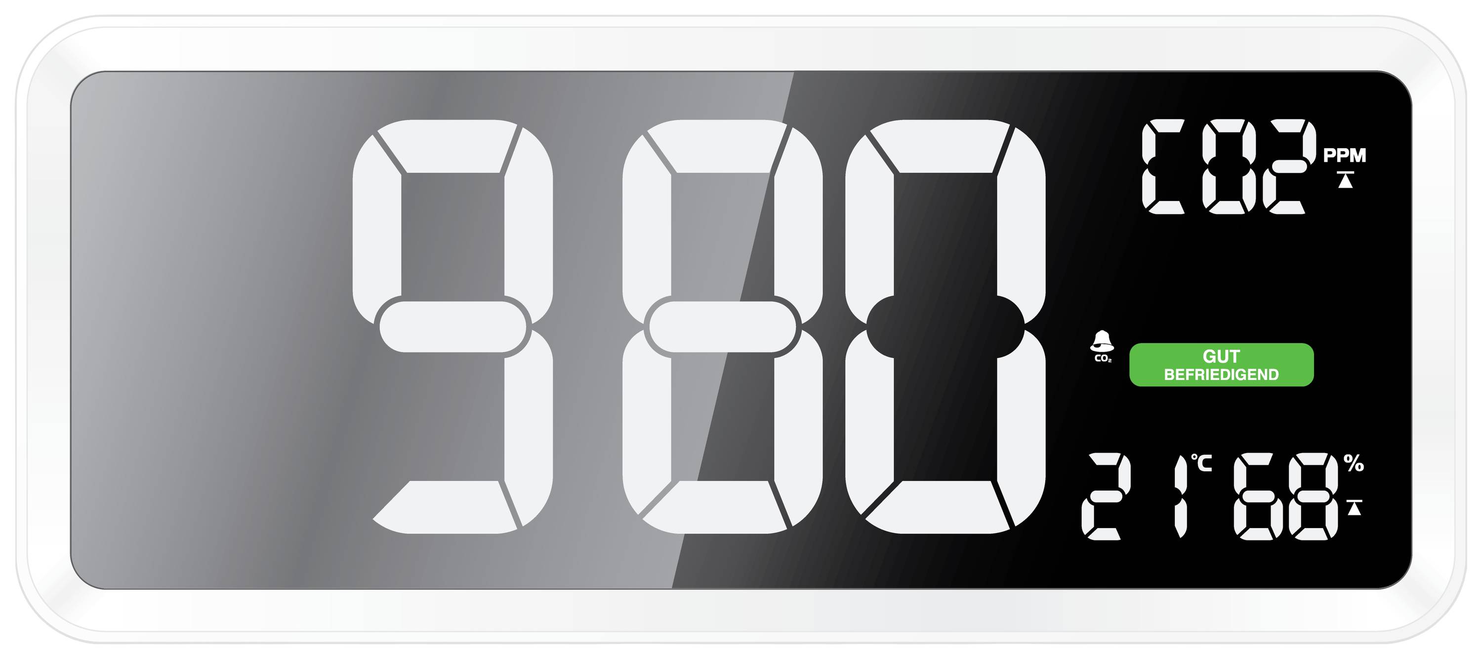 Een digitaal display toont CO2-waarde van 900 ppm, temperatuur 21,6 graden Celsius en een groen veld met 'Goed'-aanduiding.