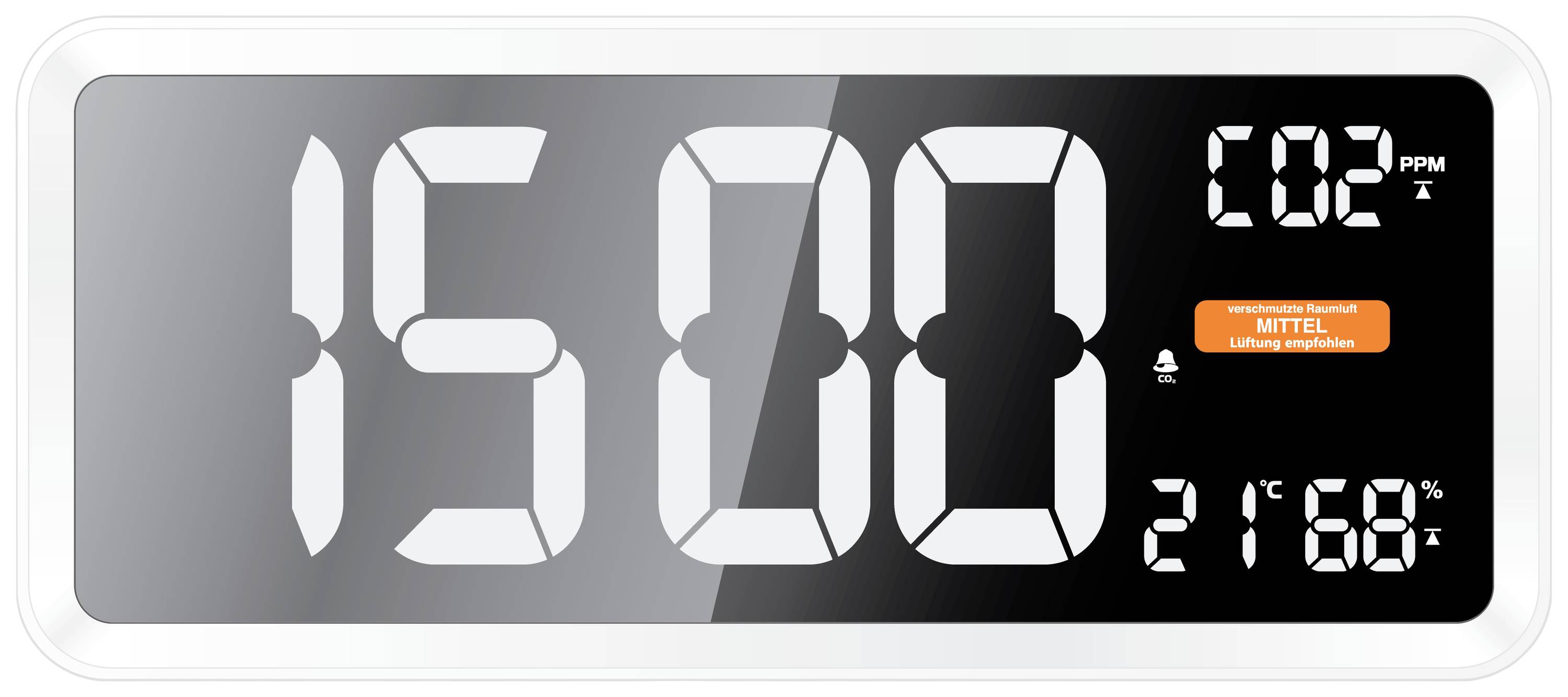 Een digitaal display toont '1500' met CO2-concentratie, waarschuwing 'GEMIDDELD' en temperatuur '21°C 69%'.