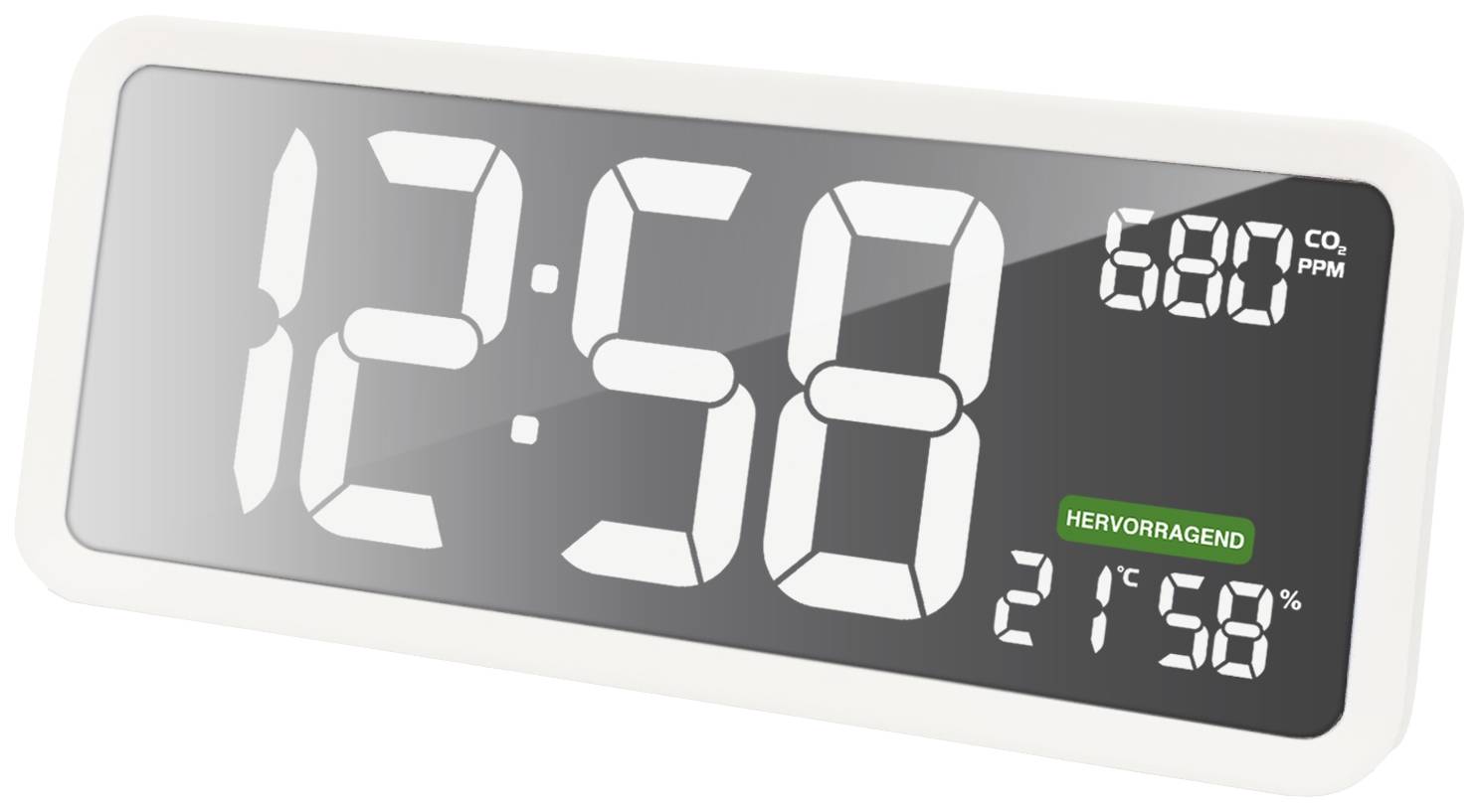 Digitale klokweergave met de tijd '12:58', CO2-gehalte '680 ppm' en luchtvochtigheid '21%', beoordeeld als 'Uitstekend'.