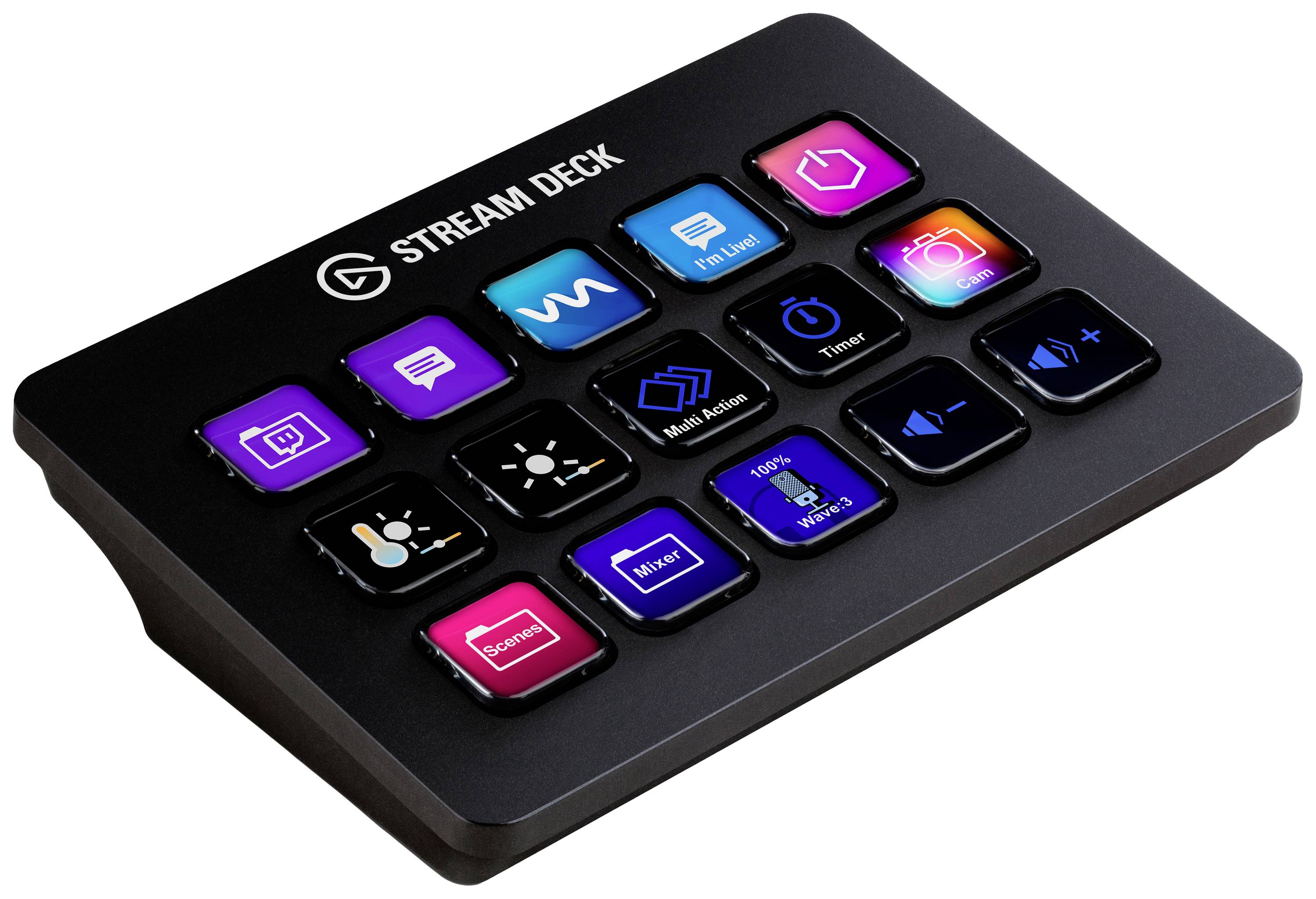 Een Stream Deck met 15 toetsen, voorzien van verschillende symbolen en kleuren voor verschillende functies.