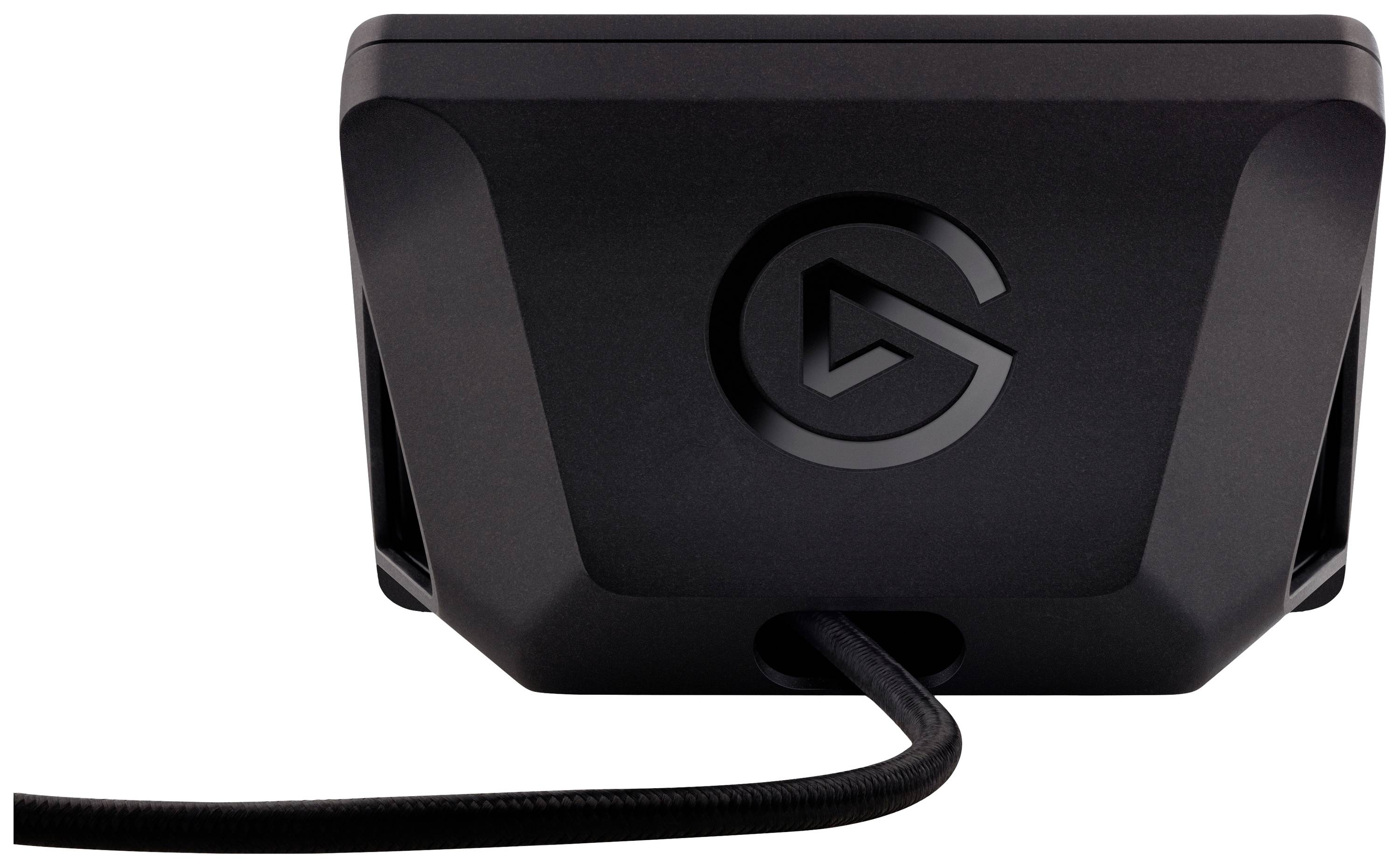 Een zwarte elektronische doos met een 'G'-logo en een uitstekende kabel aan de achterkant.
