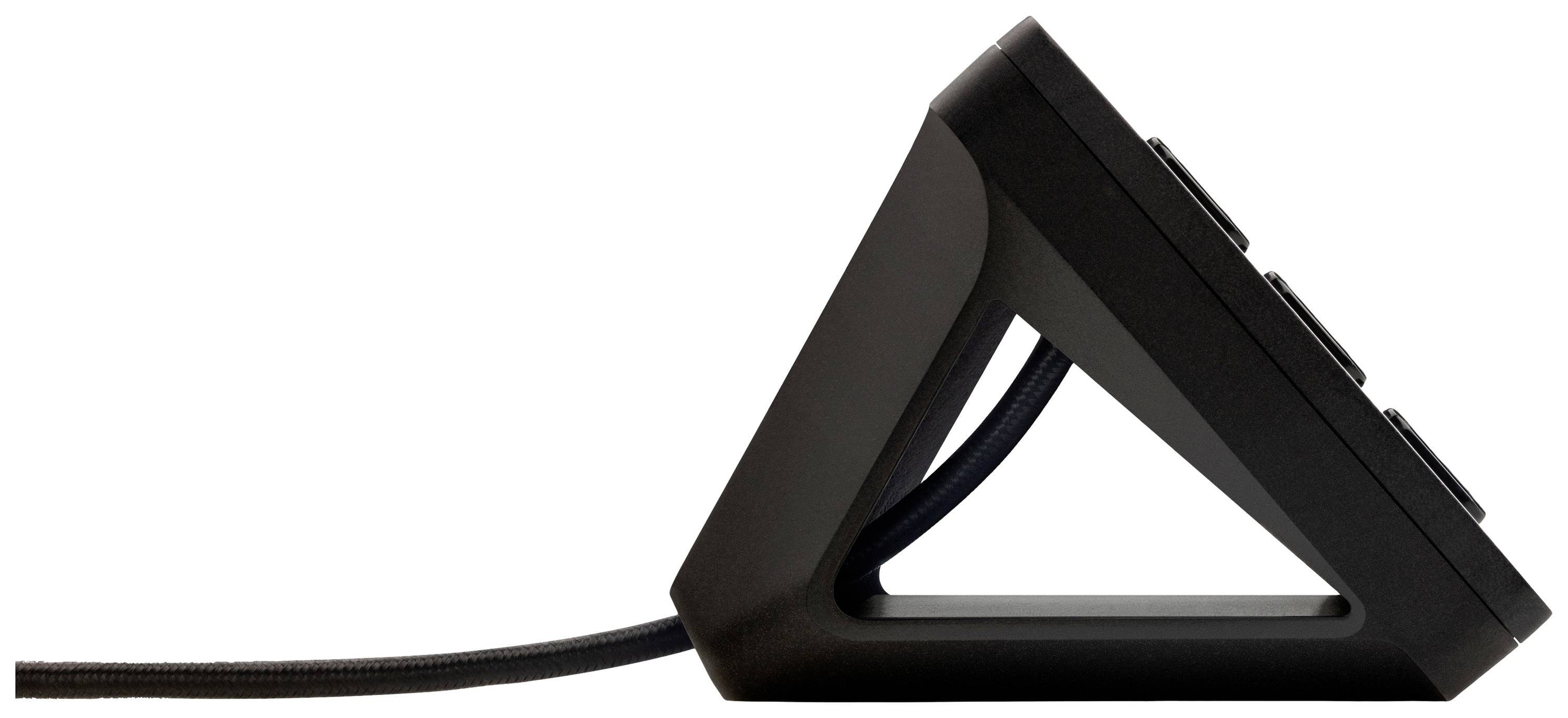 Zijaanzicht van een zwart, driehoekig apparaat met kabel dat eruitziet als een toetsenblok.