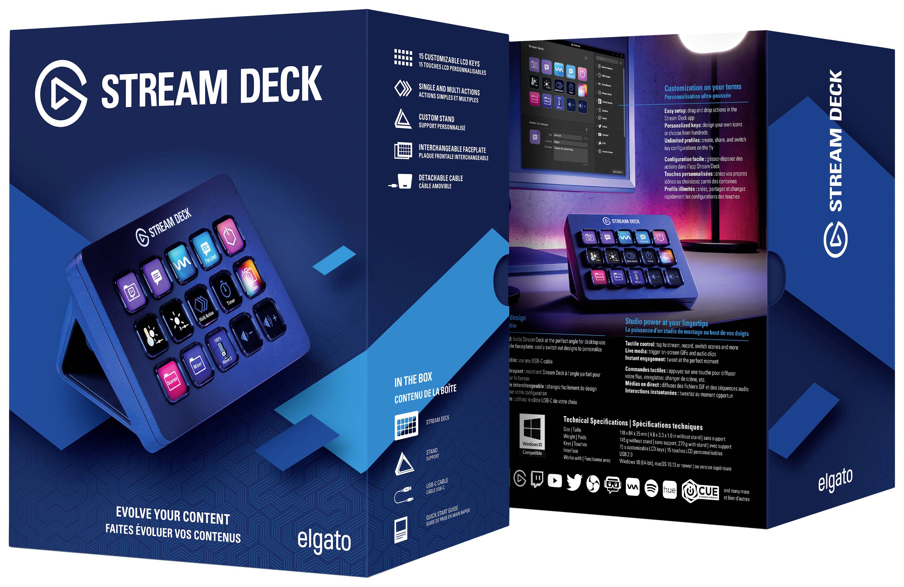 Verpakking van een 'Stream Deck' van Elgato, toont het apparaat met toetsen die functies weergeven, geschikt voor contentcreatie.