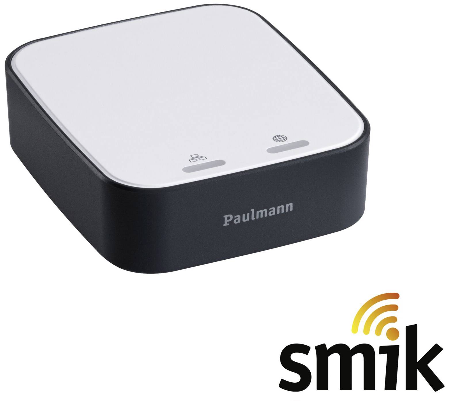 Een zwarte Smart Home-hub van Paulmann met een witte bovenkant en twee symbolen. Rechtsonder het 'smik'-logo met radiogolfsymbool.