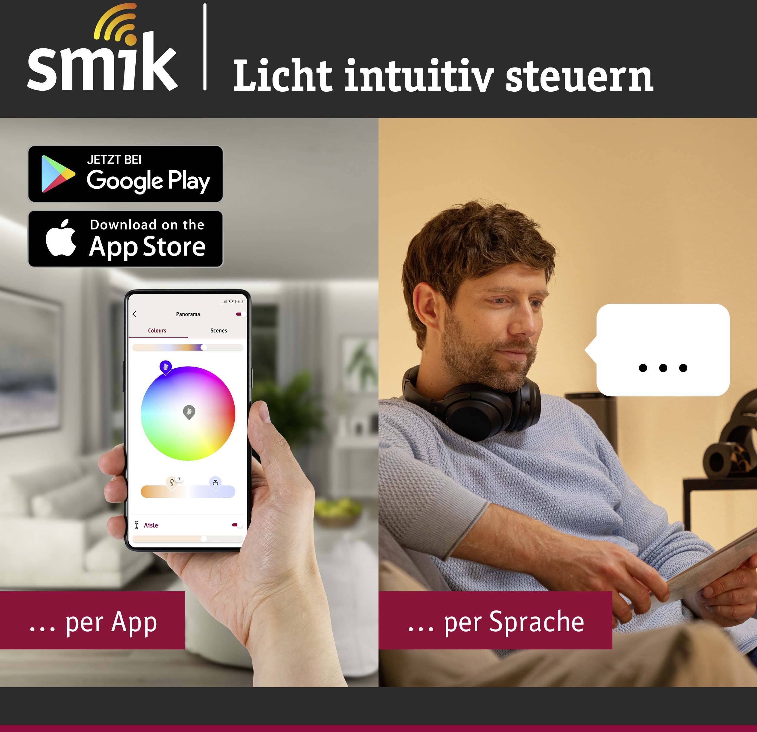 'Smik: Verlichting intuïtief bedienen'. Twee afbeeldingen: Links, app op smartphone met kleurenpalet. Rechts, persoon met tablet praat over lichtbesturing.