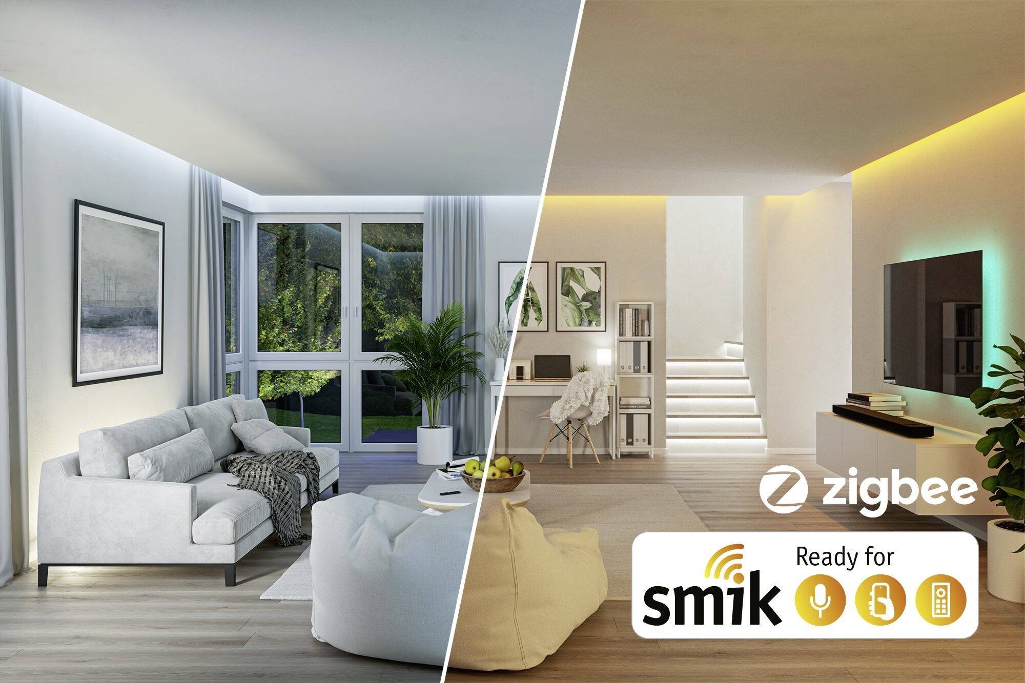 Een woonkamer met moderne meubels en verlichting, verdeeld in twee gebieden: een met daglicht, de andere met omgevingsverlichting. Logo's van Zigbee en smik zijn zichtbaar.