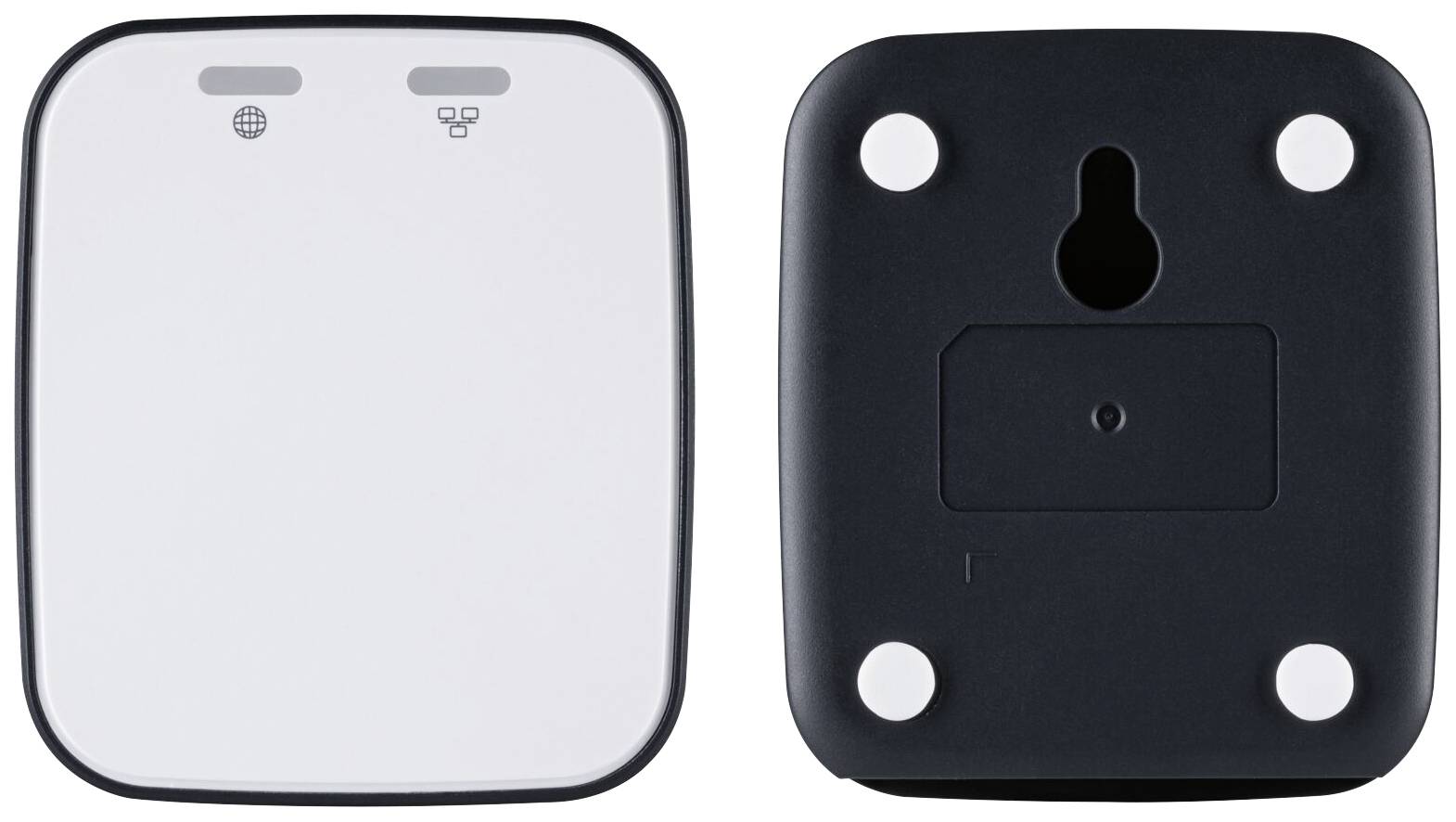 Twee weergaven van een wit elektronisch apparaat met zwarte details, voorkant met symbolen, achterkant met montage-opening.