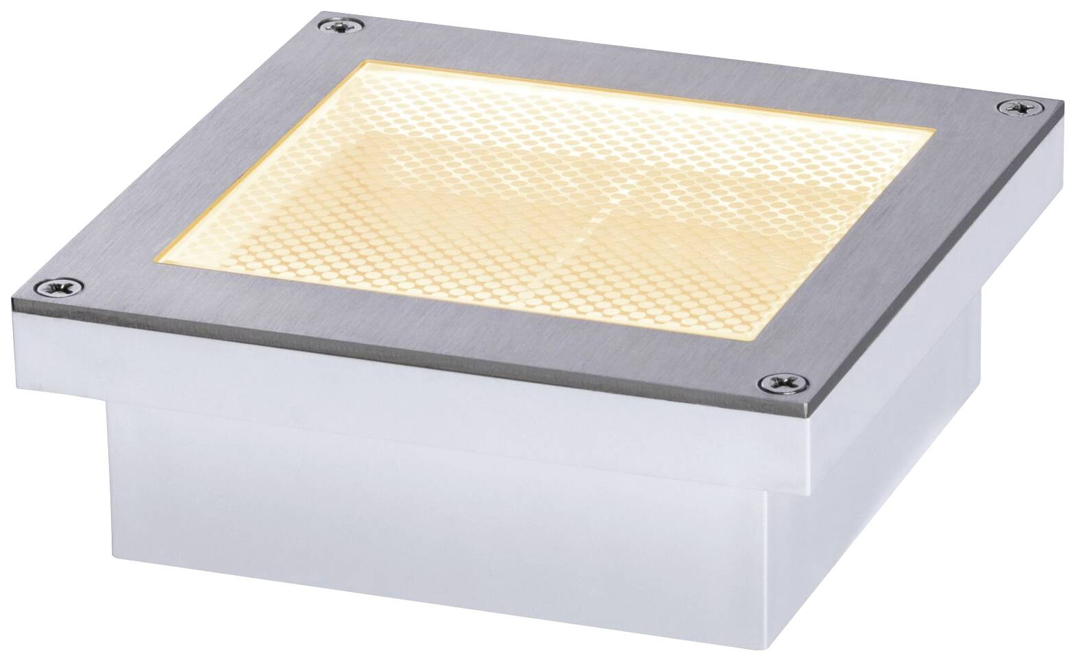 Vierkante vloerlamp met metalen frame en gestructureerd glas. Hij verspreidt een warm wit licht naar boven.